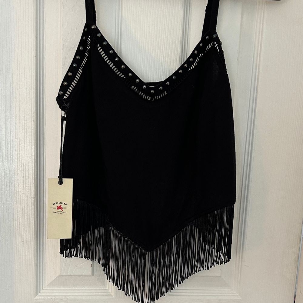 Idyllwind Black Stud-Trim Fringe Cropped Tank